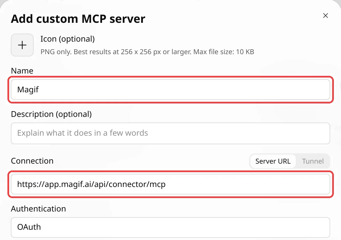 The Add custom MCP server form with Name set to Magif and the connector link pasted as the server URL