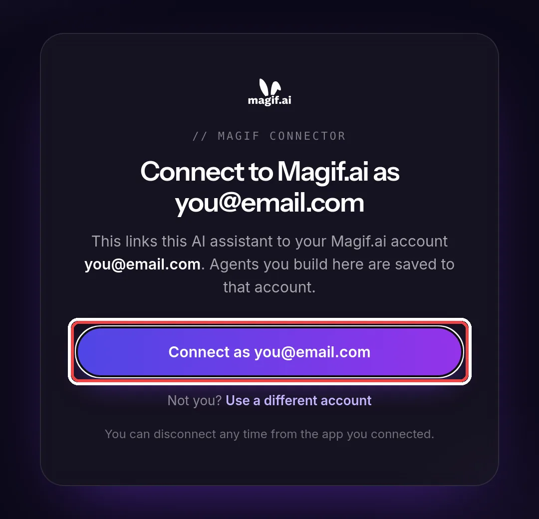 The Magif consent screen with the Connect as button