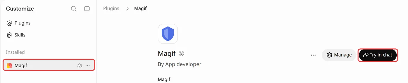 Magif listed under Installed in ChatGPT, with the Try in chat button