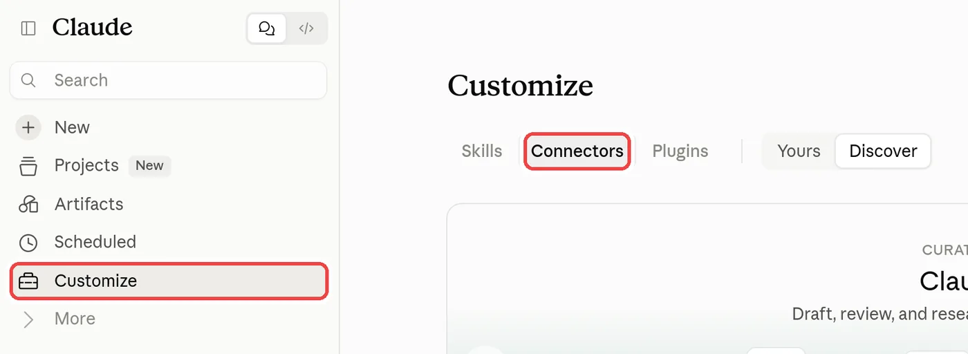 Claude sidebar with Customize selected and the Connectors tab highlighted