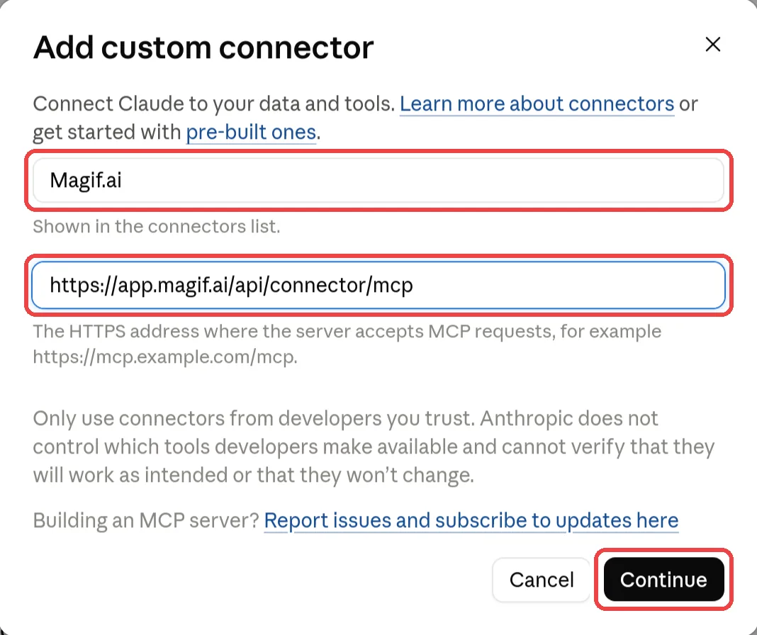 The Add custom connector dialog with the name Magif.ai and the connector link pasted, and the Continue button