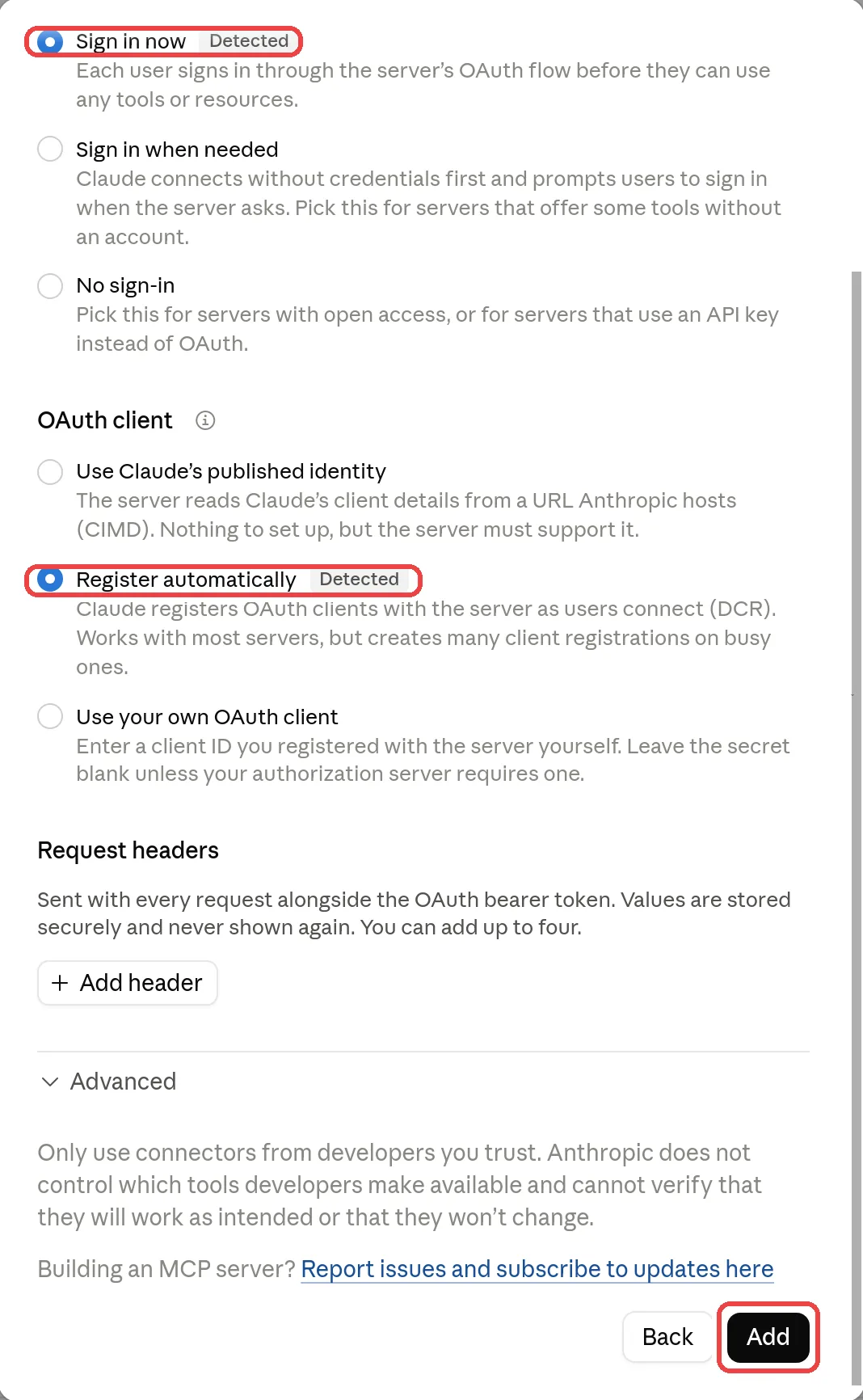Step 2 of the dialog: Sign in now and Register automatically are detected; the Add button is highlighted