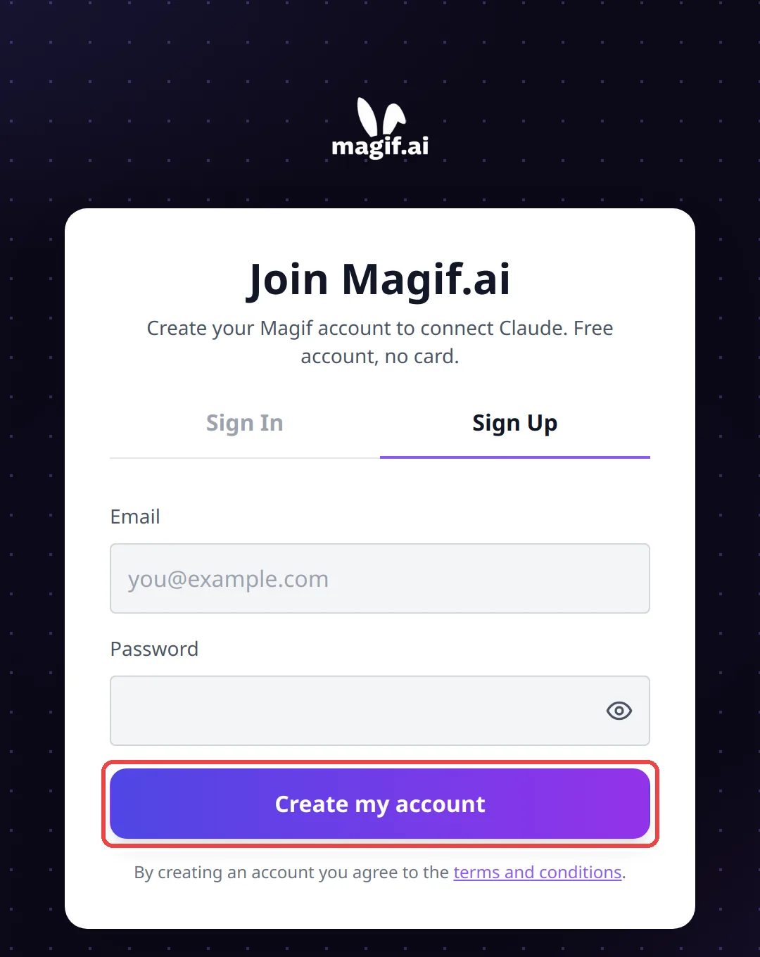 The Magif sign-up page: create your Magif account to connect Claude, free account, no card