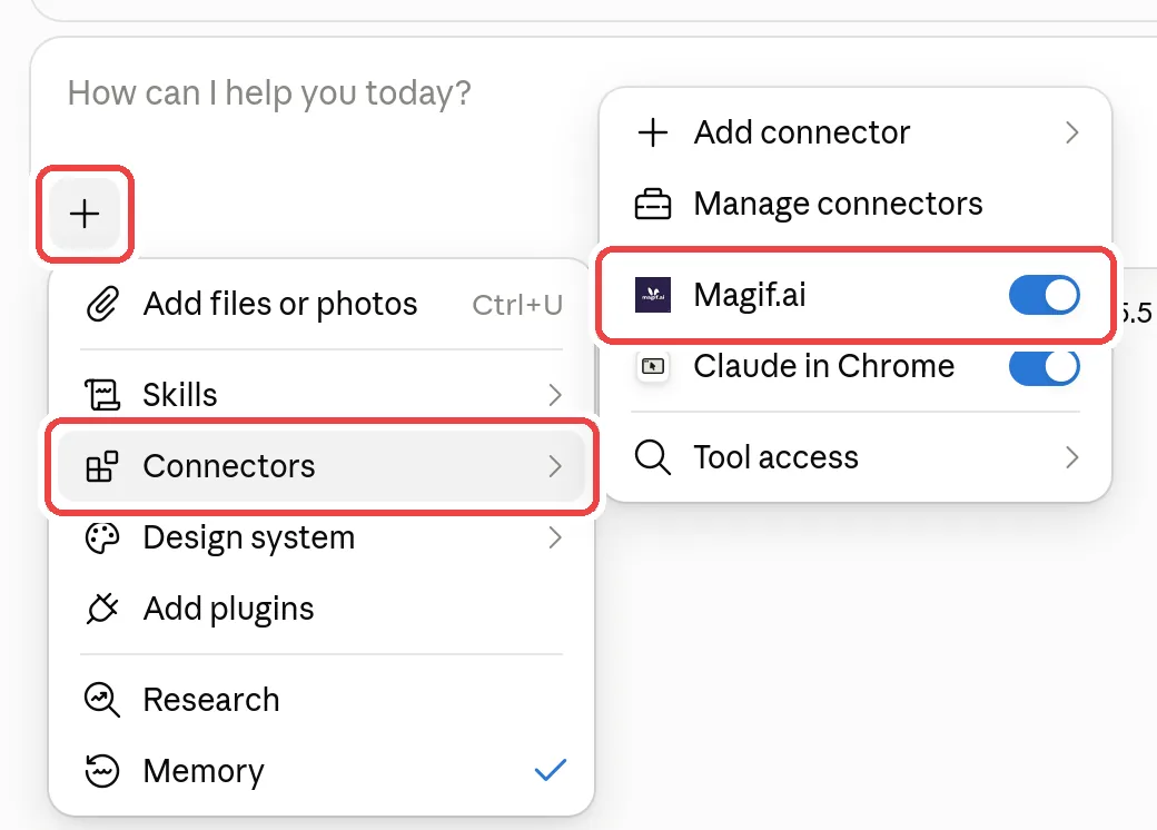 In a Claude chat, the + menu › Connectors with Magif.ai switched on