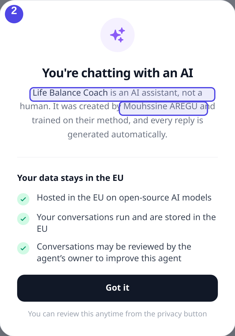 The AI disclosure modal, telling the client the agent is an AI assistant created by a named person, with EU data handling.