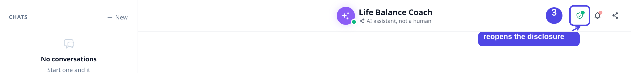 The persistent privacy control on the chat header that reopens the AI disclosure.