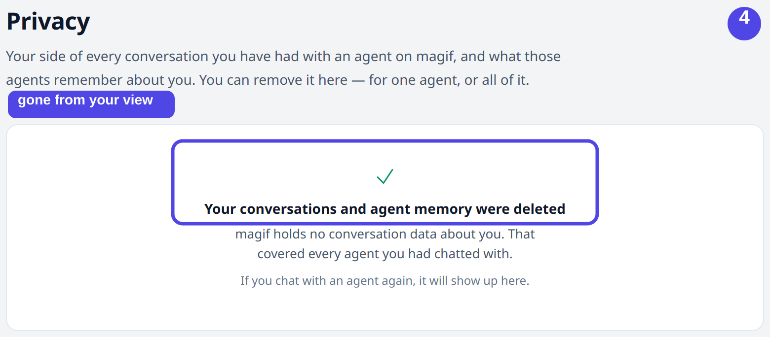 The Privacy page after deletion, confirming the conversations and agent memory were deleted and no data remains.