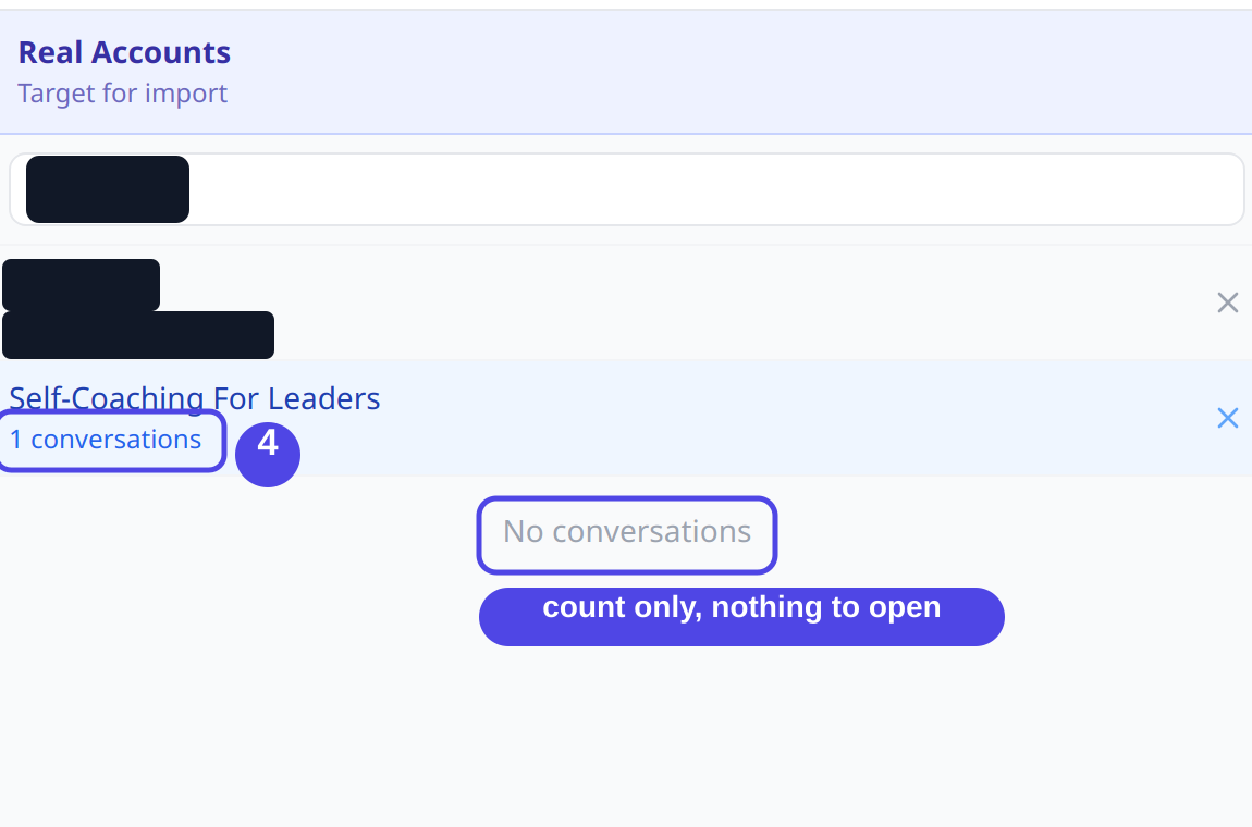 Internal admin import tool resolving the participant to a conversation count only, with no conversations available to open.